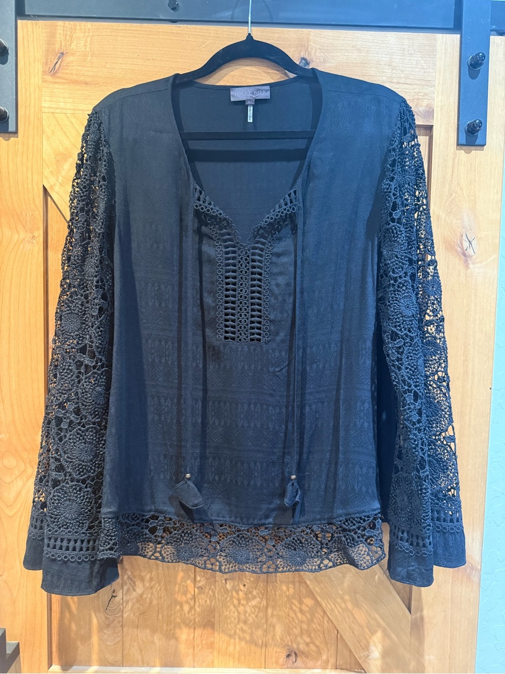 Hale Bob Black Crochet-Sleeve Women's Top